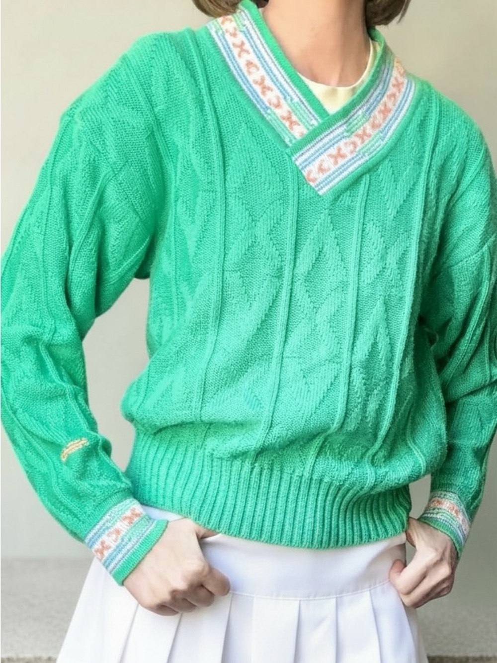 Vintage Head Cableknit Green V-neck Sweater S 90s Preppy Retro Tenniscore